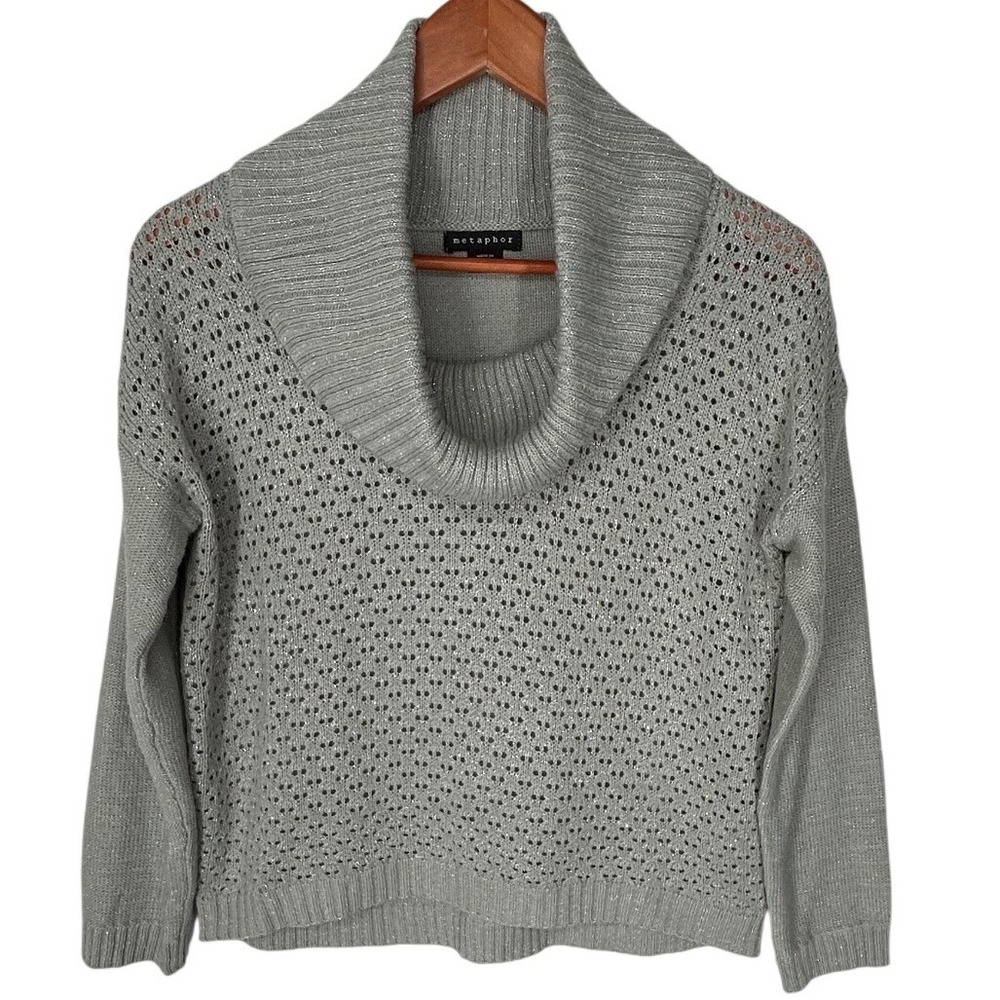 Metaphor Gray Cowl Neck Sweater Metallic Threading Open Weave Women's Size Small
